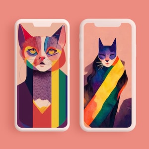 May include: Two phone mockups with illustrations of cats wearing colorful scarves. The cat on the left is a tabby with a purple, red, yellow, and green scarf. The cat on the right is a black cat with a purple, yellow, and green scarf.