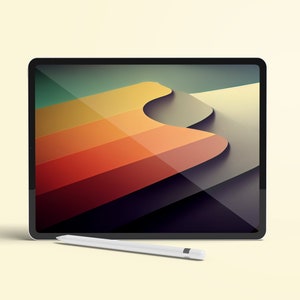 May include: A white tablet computer with a black bezel and a colorful abstract design on the screen. A white stylus is lying on the surface in front of the tablet.