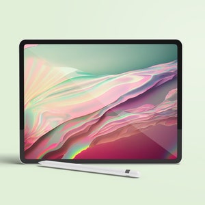 May include: A white tablet computer with a black bezel and a colourful abstract design on the screen. A white stylus is lying next to the tablet.
