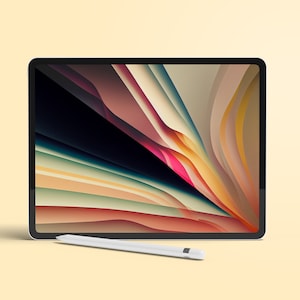 Op de afbeelding: Een witte tabletcomputer met een zwarte rand en een kleurrijk abstract ontwerp op het scherm. Een witte stylus ligt voor de tablet.