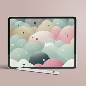 Puede incluir: Una tableta digital con un fondo blanco y un diseño abstracto colorido. El diseño presenta una variedad de formas y colores, incluyendo rosa, azul, verde y amarillo. También hay pequeños círculos blancos dispersos por todo el diseño. Un lápiz blanco está sobre la mesa frente a la tableta.