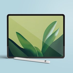 Può includere: Un tablet bianco con una cornice nera e un design a foglia verde sullo schermo. Una penna bianca è appoggiata davanti al tablet.