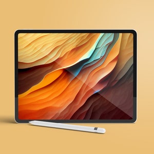 Puede incluir: Una tableta blanca con un diseño abstracto de colores en la pantalla. Un lápiz blanco está acostado al lado de la tableta.