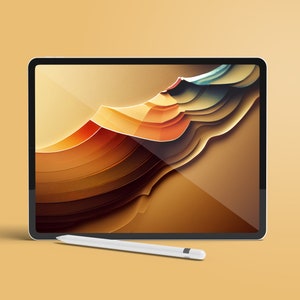 May include: A tablet computer with a white stylus on a beige background. The tablet screen displays an abstract design with layered shapes in shades of brown, orange, red, and blue.