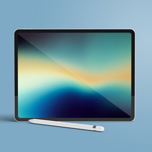 May include: A white tablet computer with a colorful abstract background on the screen. A white stylus is lying in front of the tablet.