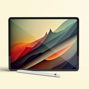 May include: A white tablet computer with a black bezel and a stylus. The screen displays an abstract image of colorful mountains.