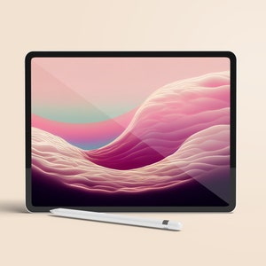 May include: A white tablet computer with a black bezel and a pink and purple abstract landscape on the screen. A white stylus is lying in front of the tablet.