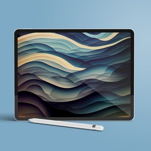 Puede incluir: Una tableta blanca con un bisel negro y un lápiz. La pantalla muestra un diseño abstracto de ondas superpuestas en tonos de azul, verde y beige.