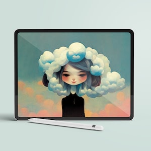 Girl Head in the Clouds Kawaii iPad Desktop Wallpaper Background INSTANT DOWNLOAD - Illustration, Cute, iPad Wallpaper