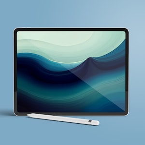 May include: A white tablet computer with a blue and green abstract design on the screen. A white stylus is lying next to the tablet.