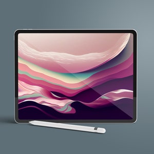 May include: A white tablet computer with a colorful abstract design on the screen. A white stylus is lying next to the tablet.
