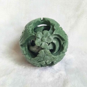 Hand Carved 4-Layer Green Stone Magic Puzzle Ball With Wood Stand – Dragons & Phoenixes – 3JADE Original