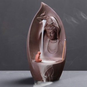 China Yixing Zisha Carved Kwan-yin Back flow incense Incense Burner, Mascot Desk decoration Home Furnishing Interior Aroma Burner