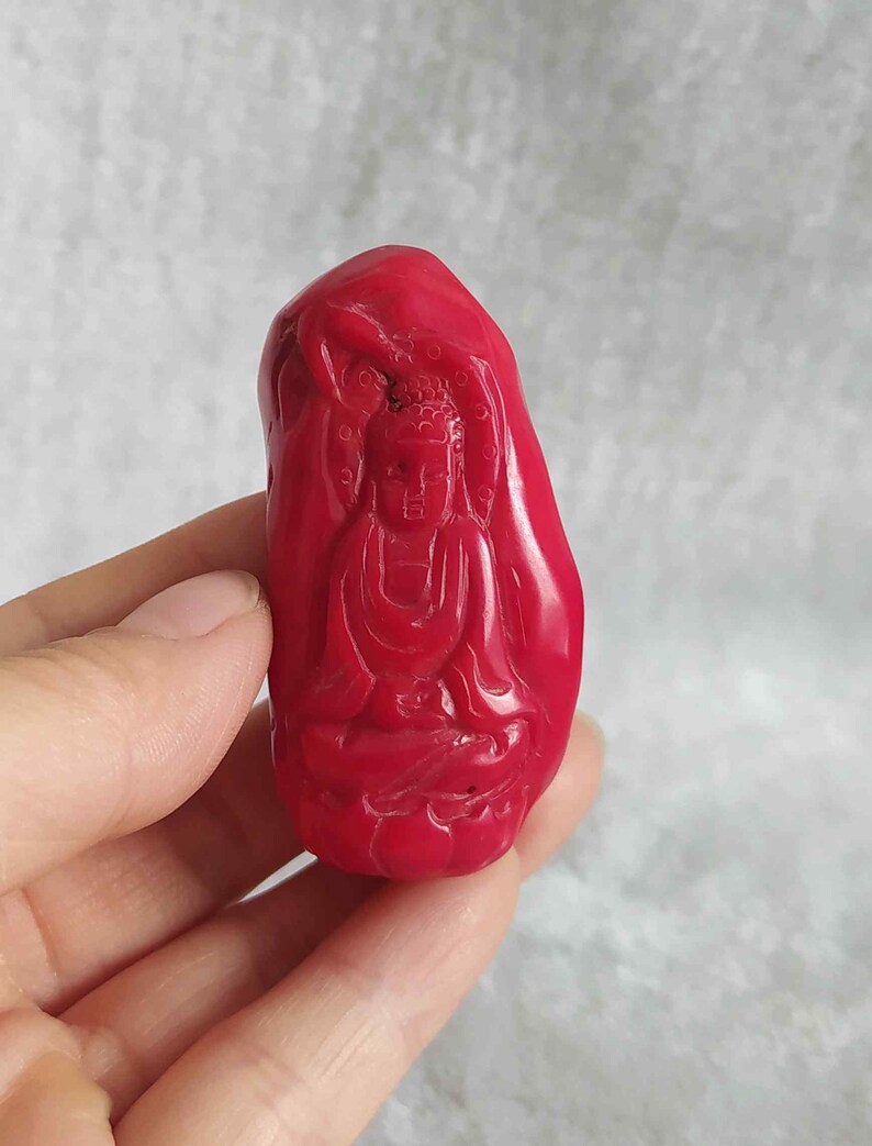 Fine Chinese coral hand carved Kwan-yin statue Smiling Buddha statue E2615