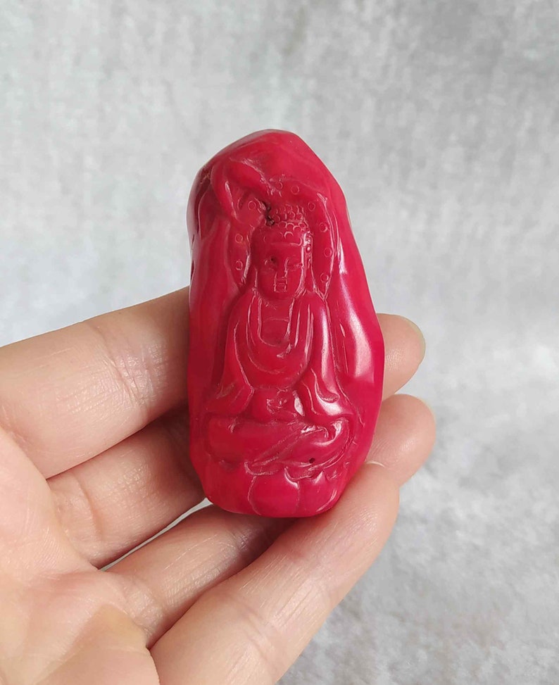 Fine Chinese coral hand carved Kwan-yin statue Smiling Buddha statue E2615