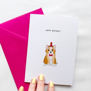 Happy Birthday Corgi Printed Greeting Card on Watercolor Paper, Birthday Hat Corgi Greeting Card