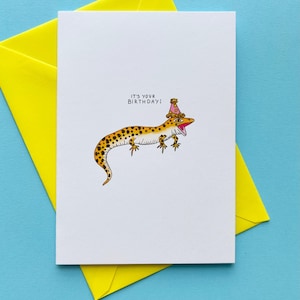 Happy Birthday Lizard Printed Greeting Card on Watercolor Paper, Birthday Hat Leopard Gecko Greeting Card
