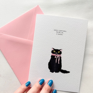 Joyeux anniversaire chat noir carte de voeux imprimée sur papier aquarelle, carte de voeux d'anniversaire