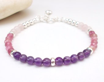 Delicate Amethyst, Pink Tourmaline and Rose Quartz Bracelet with Sterling Silver, Adjustable