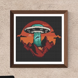 Cross Stitch Pattern UFO Landscape Modern Xstitch PDF Instant Download Easy Simple Embroidery Space Ship Alien Mystery - I want to believe