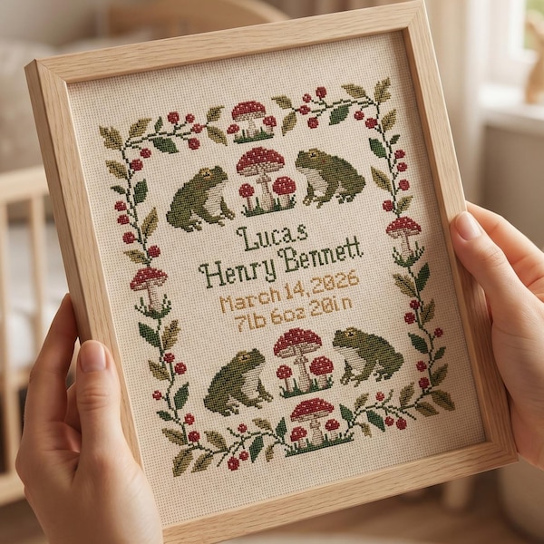 Woodland Birth Announcement Cross Stitch Pattern, Frog Nursery Sampler, Baby Name Embroidery, Personalized Birth Record PDF, Forest Animals