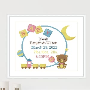 Birth announcement cross stitch pattern Personalized baby announcement sampler Customizable pattern