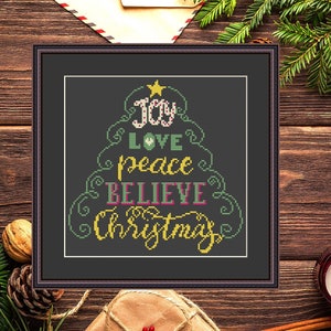 Christmas Tree Saying Cross Stitch Pattern: Joy, Love, Peace (PDF Pattern)