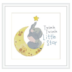 Cross Stitch Pattern Elephant, Nursery Cross Stitch, Cute Infant Twinkle Twinkle Little Star, Nursery Elephant, Cross Stitch Baby Boy Girl