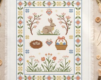 Botanisch paasborduurpatroon, Cottagecore Bunny Sampler, Spring Meadow-volksborduurwerk, op kruiden geïnspireerde pdf-kaart