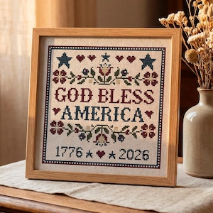 God Bless America Cross Stitch Pattern, Patriotic Americana Sampler, 250th Anniversary 1776–2026 Semiquincentennial 4th of July