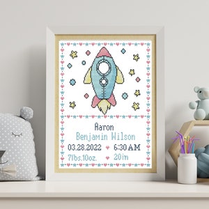 Personalized birth announcement cross stitch pattern Baby announcement sampler Customizable pattern Space cross stitch