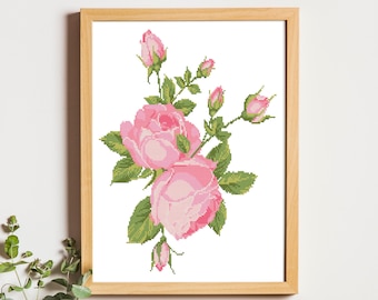 Rose Cross Stitch Pattern PDF, Pink Roses Floral Cross Stitch, Vintage Flower Pattern, Cottagecore Decor, Botanical Art