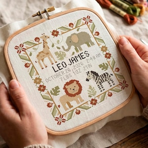 Safari Birth Announcement Cross Stitch Pattern, Personalized African Jungle Baby Sampler, Custom Baby Name PDF Chart