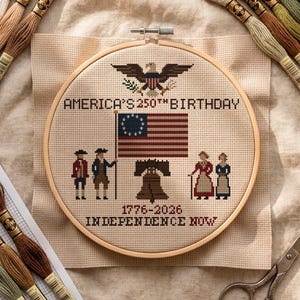 250 Years of American Independence Cross Stitch Pattern, Patriotic USA Sampler, Fourth of July Embroidery, Historical Sampler PDF