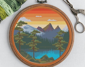 Mountain Lake Landscape Cross Stitch Pattern (PDF Pattern)