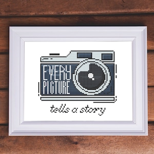 May include: A white framed print with a blue and gray pixelated camera and the text "EVERY PICTURE tells a story".