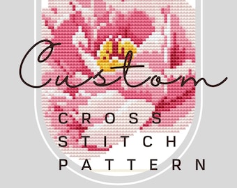 Pode incluir: Um padrão de ponto cruz com uma flor rosa e amarela com o texto "Custom Cross Stitch Pattern".