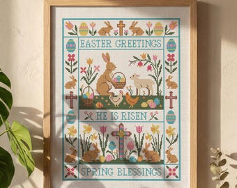 Christelijk paasborduurpatroon, He Is Risen-sampler, helder volkspaasborduurwerk, religieuze lente-pdf-grafiek