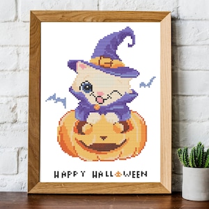 Happy Halloween cross stitch pattern easy, halloween cat cross stitch
