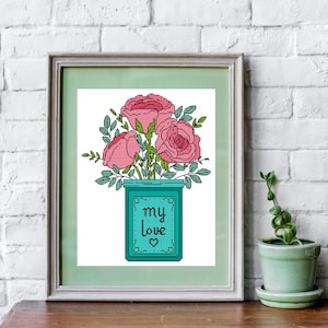 Rose cross stitch pattern, flowers modern instant download PDF