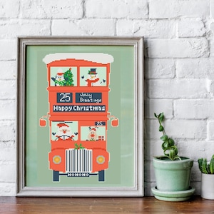 Christmas scene cross stitch pattern, christmas red London bus