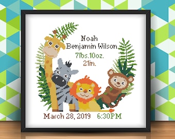 Schema a punto croce personalizzato per annuncio di nascita: animali moderni per la cameretta dei bambini (schema PDF)