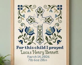 Christelijke geboorteaankondiging kruissteekpatroon pdf, voor dit kind heb ik gebeden, doopvoorbeeld, gepersonaliseerde babyaandenken, kruis met duif