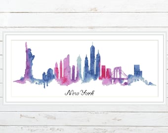 New York City Cross Stitch Pattern: Watercolor Landscape (PDF Instant Download)