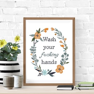 Subversive Bathroom Cross Stitch Pattern: Floral Wreath (PDF Pattern)