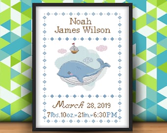 Annuncio di nascita di una balena, schema a punto croce: decorazione personalizzata per la cameretta dei bambini (schema PDF)