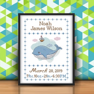 Baby Birth announcement Cross stitch pattern, Whale Baby Boy Personalized Modern Instant Download PDF, Cute nursery decor