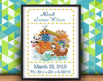 Birth announcement cross stitch pattern, Noah's Ark baby announcement cross stitch