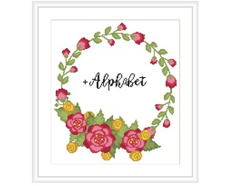 Floral Wreath Cross Stitch Pattern +Alphabet, Floral Embroidery, Flower Circle, Modern Cross Stitch, PDF Instant Download, Cross Stitch Font