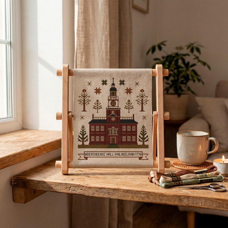 May include: A cross-stitch of Independence Hall in Philadelphia, Pennsylvania, displayed on a wooden frame. The building is rendered in shades of red and brown, with a clock tower and surrounding trees. The text "INDEPENDENCE HALL-PHILADELPHIA 1776" is at the bottom.